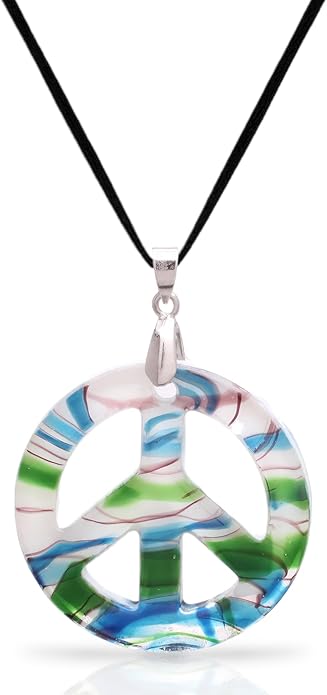 BESHEEK Murano Inspired Peace Sign Blown Glass Lampwork Art Pendant Necklace for Women Handcrafted Artisan Hypoallergenic Italian Style Jewelry