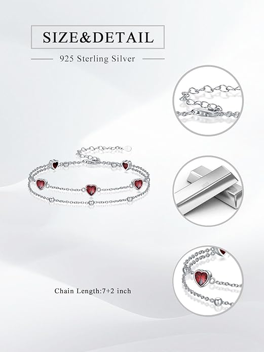 Birthstone Anklet/Bracelets for Women 925 Sterling Silver Charm Link Double Strand Heart Birthstone Jewelry Gift for Wife Women Mother's Day Gift