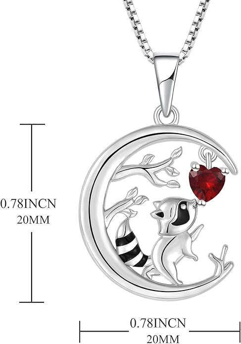 STARCHENIE Raccoon Necklace 925 Sterling Silver Heart Birthstone Pendant Cute Animal Jewelry for Women