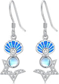 Starfish Shell Earrings 925 Sterling Silver Starfish Dangle Earrings Moonstone Earrings Seashell Dangle Earrings with Blue Opal Ocean Summer Vacation Beach Jewelry Gift