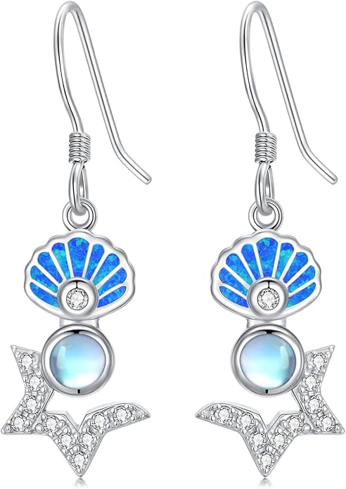 Starfish Shell Earrings 925 Sterling Silver Starfish Dangle Earrings Moonstone Earrings Seashell Dangle Earrings with Blue Opal Ocean Summer Vacation Beach Jewelry Gift