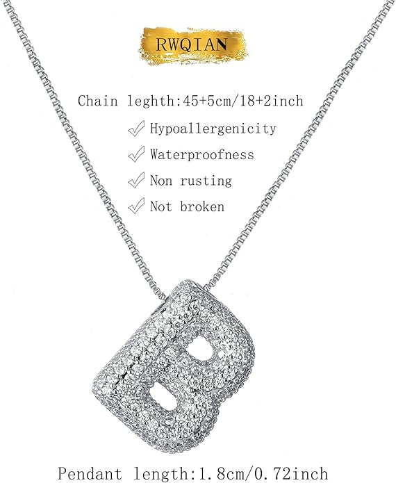 RWQIAN Letter Necklace for Women Bubble, Chunky Initial Alphabet A-Z Pendant Puffy Name Personalized Necklace Dainty Zircon CZ Fashion Jewelry Gifts for Girls Girlfriend