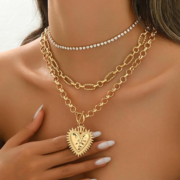 Chunky Gold Necklace Big Heart Necklace for Women Silver Large Statement Necklaces Thick Bold Chain Puffy Love Heart Charm Necklaces for Women with OT Toggle Silver Chunky Gold Jewelry Trendy Valentine's Day Gift