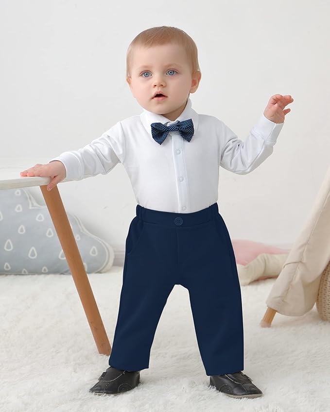 DISAUR Baby Boy Clothes Toddler Boy Outfits 4PCS Gentleman Dress Romper/Vest/Pants/Bow Tie Cotton Suit Sets