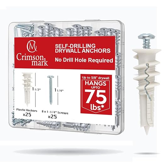 50Pcs Self Drilling Drywall Anchors and Screws Kit #8 x 1-1/4" | Superb Wall by CrimsonMark