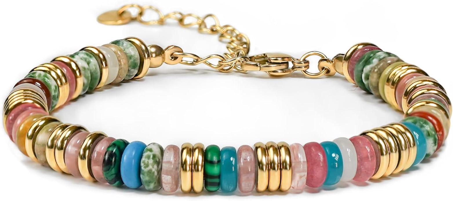 Colorful 18K Gold Plated Bracelets for Women, Stack Bangle Beaded Stone Jewelry Accessories Set for Woman, Trendy Fashion Jewelry Gifts