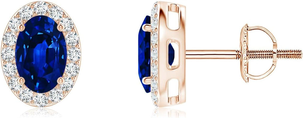 ANGARA Natural Blue Sapphire Earrings for Women | Prong-Set Oval Blue Sapphire Stud Earrings with Diamond Halo in 14K Solid Gold/Platinum | September Birthday, Anniversary, Gemstone Jewellery Gift