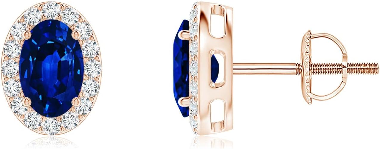 ANGARA Natural Blue Sapphire Earrings for Women | Prong-Set Oval Blue Sapphire Stud Earrings with Diamond Halo in 14K Solid Gold/Platinum | September Birthday, Anniversary, Gemstone Jewellery Gift
