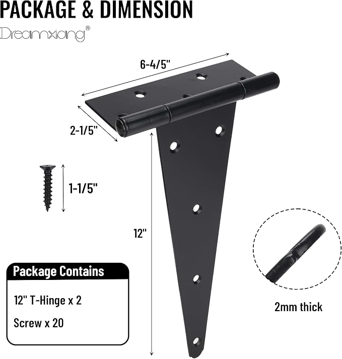 12 Inch T-Strap Gate Hinges, Heavy Duty Shed Barn Door Hinges, Yard Gate - Image 2