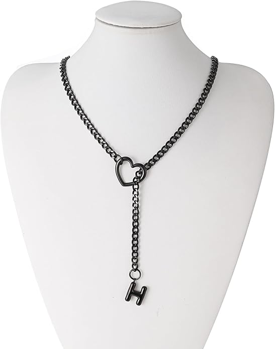 Black Heart Slip Chain Initial Necklaces for Women,Stainless Steel O-Ring Adjustable Lariat Heart Y-Necklace,Punk Gothic Cuban Collar Choker Necklace for women