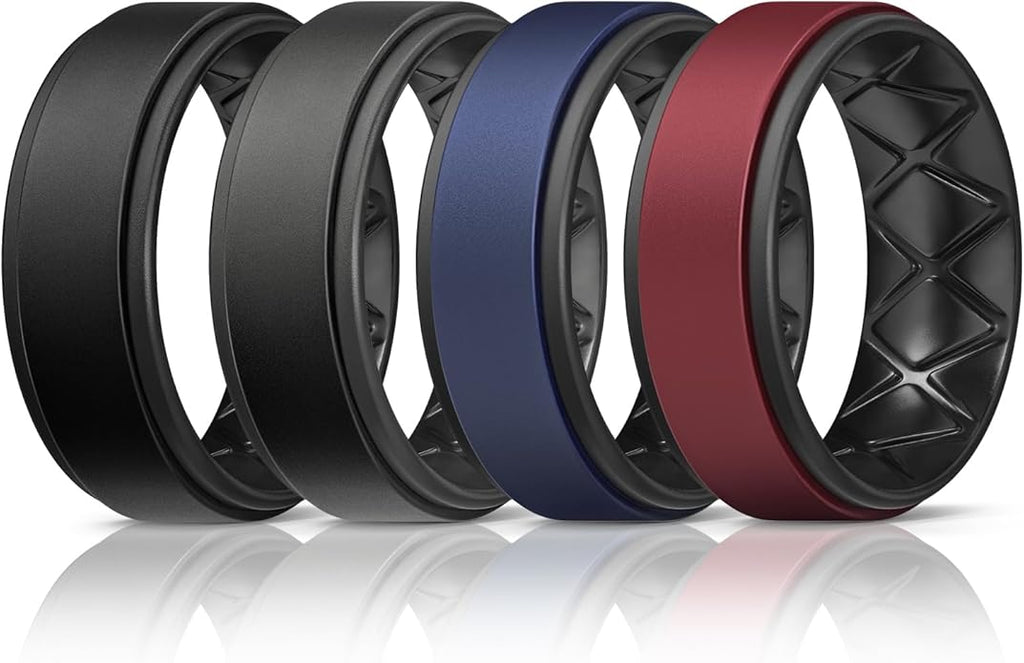 Egnaro Silicone Rings for Men 1/4/5/6/7 Multipack of Breathable Mens Silicone Rubber Wedding Rings Bands - Step Edge