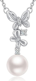 Pearl Necklace for Women with 14K Gold Plated S925 Silver & Butterfly Pendant Necklace, 17.7"+2" Chain Length, Gift for Birthday, Mothers Day, Christmas, Anniversary, Graduation