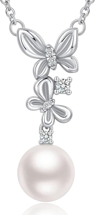 Pearl Necklace for Women with 14K Gold Plated S925 Silver & Butterfly Pendant Necklace, 17.7"+2" Chain Length, Gift for Birthday, Mothers Day, Christmas, Anniversary, Graduation