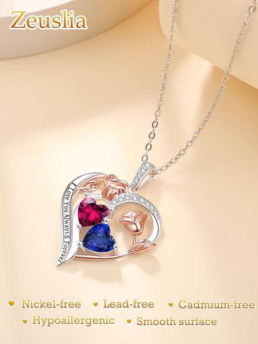Valentine's Day Gifts for Wife 925 Sterling Silver Double Birthstone Pendant Necklaces I Love You for Always and Forever Necklace Anniversary Birthday Gifts for Wife Girlfriend Mom Her