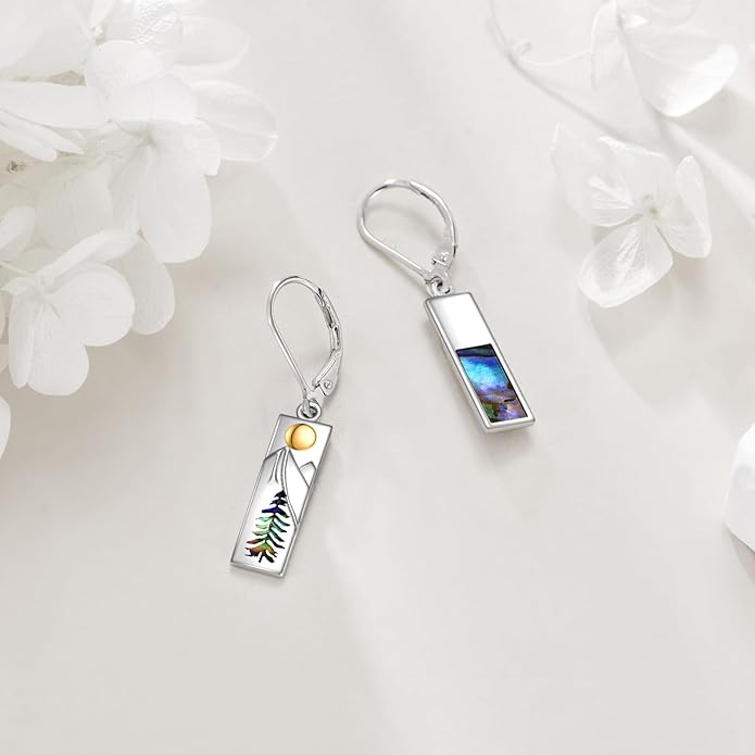 YFN Mountain Earrings 925 Sterling Silver Abalone Dangle Drop Mountain Jewelry Gift for Skiers, Hikers, Campers, Climbers and Nature Lovers