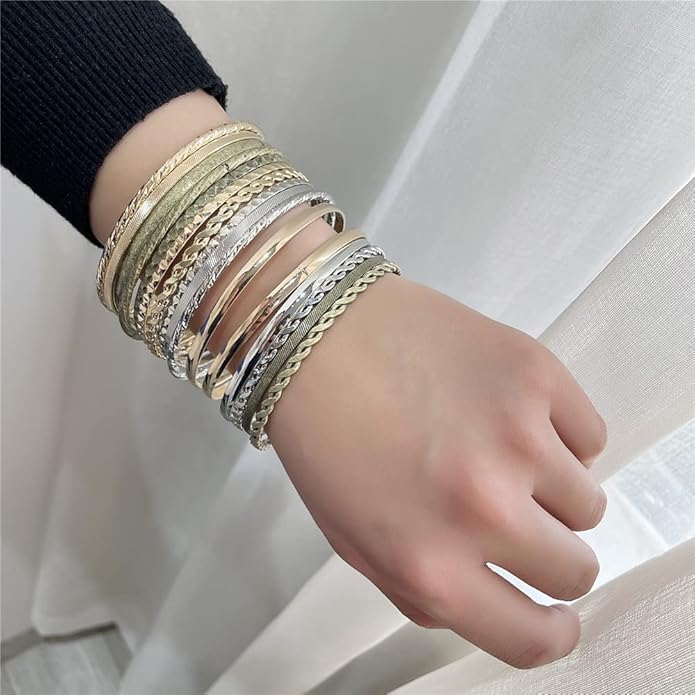 16Pcs Gold Bangle Bracelets for Women - Multi Layer Stackable Textured Bracelets Boho Jewelrys Set.