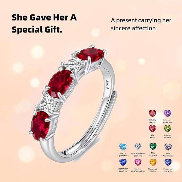 925 Sterling Silver Birthstone Rings for Women - Adjustable Size Women Jewelry Birthday Gifts for Girlfriend,Wife,Mom