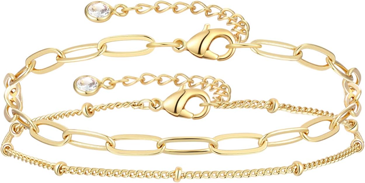 Dainty Layered Gold Chain Bracelet for Women 14K Gold Plated Handmade Adjustable Bracelet Satellite Beads Oval Mariner Figaro Link Chain Bracelets Minimalist Layering Stacking Jewelry Gift for Women