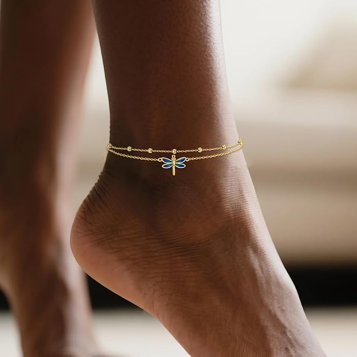 KECHO 14k Yellow Gold Butterfly/Dragonfly/Frog/Sunflower/Daisy/Tree of life/Moon/Clover Bracelet Anklet for Women