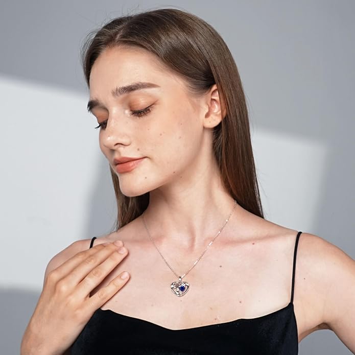 Tree of Life Necklaces for Women 925 Sterling Silver Heart Pendant Birthstone Necklace Created Gemstone Jewelry for Her, 18"+2"
