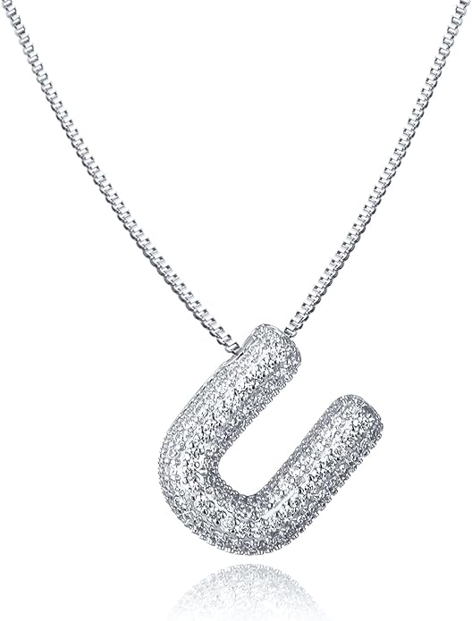 SKQIR Diamond Initial Letter Necklace for Women Bubble Gold Plated Puffy Balloon Alphabet Crystal Zircon Pendant Name Necklace Dainty Charms Trendy Jewelry Gift for Women