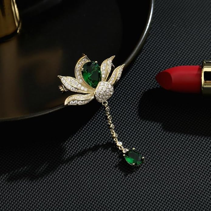 14K Gold Handmade Enamel Water Lily Brooch, Freshwater Pearl Pendant, Elegant Design for Cheongsam, Coats and Chinese Style Outfits