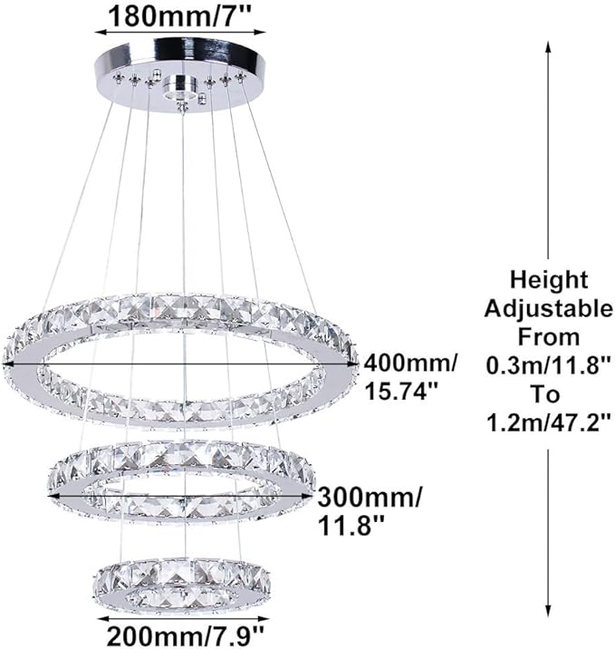 3-Ring Crystal LED Chandelier Modern Ring Pendant Light,47W Cool White (4500K-6000K) K9 Crystal&Stainless Steel, Adjustable Height for Dining Room Kitchen Island Living Room Foyer