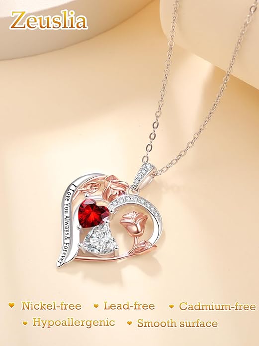 Valentine's Day Gifts for Wife 925 Sterling Silver Double Birthstone Pendant Necklaces I Love You for Always and Forever Necklace Anniversary Birthday Gifts for Wife Girlfriend Mom Her