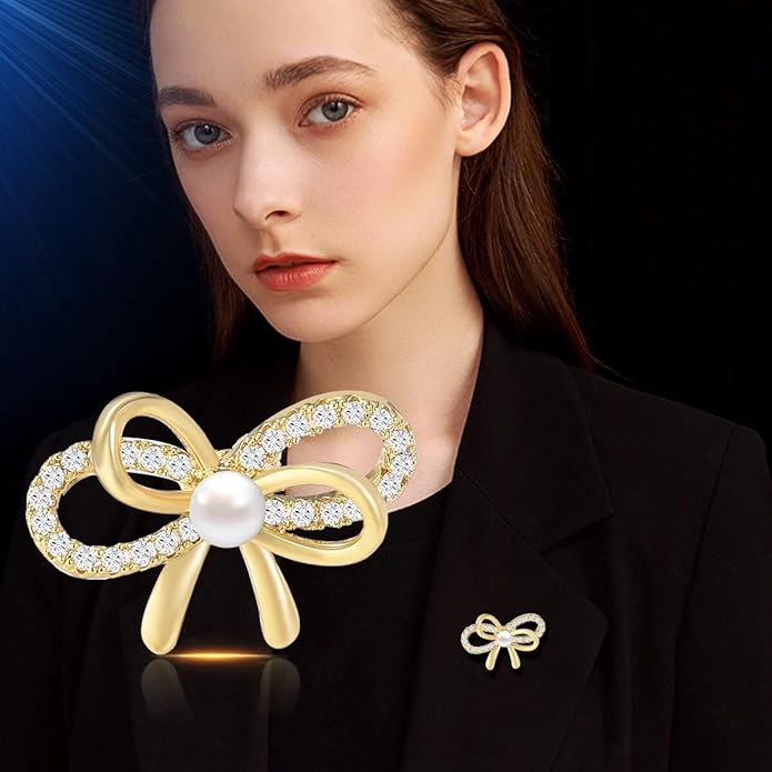 Bow Knot Pin Rhinestone Crystal Pearl Brooch 18k Gold Plated Lapel Pin Birthday Jewelry Gift for Women Men