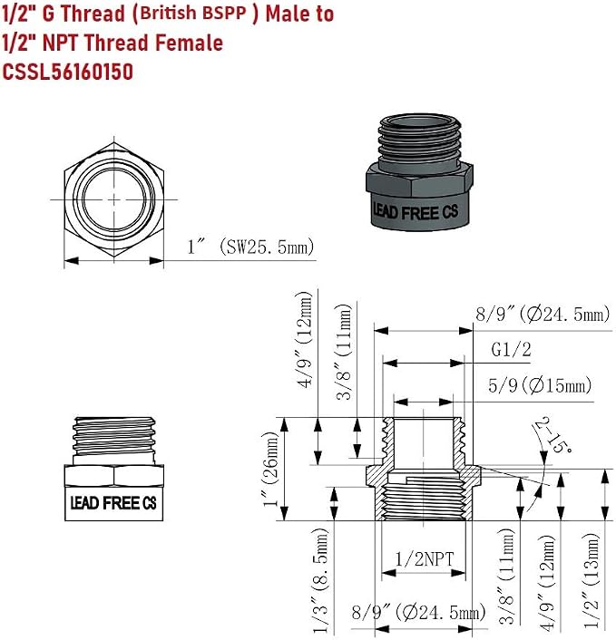Cascada Lead-Free Brass Adapter, G Thread British BSPP Male to NPT Female | - Image 3