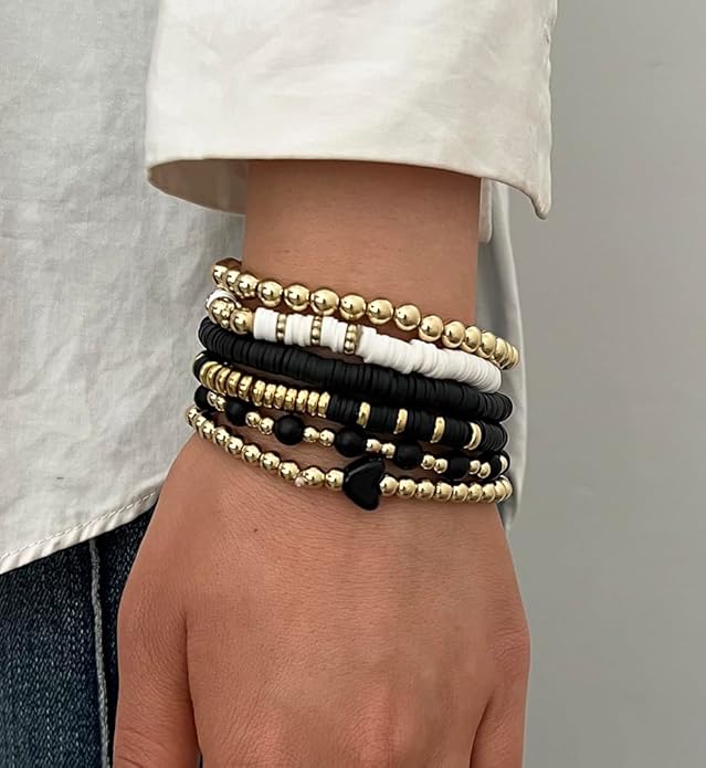 iF YOU 13pcs Heishi Clay Beaded Stretch Bracelets for Women, Boho Gold Surfer Stackable Bracelet Stacks White Brown Black Beach Jewelry