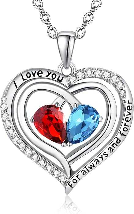 Valentine's Day Gifts for Wife 925 Sterling Silver Double Birthstone Pendant Necklaces I Love You for Always and Forever Necklace Anniversary Birthday Gifts for Wife Girlfriend Mom Her