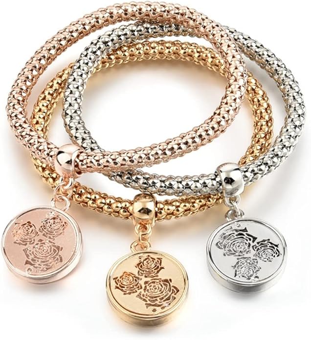 Crystal Charms Multilayer Bracelets - 3PCS Gold/Silver/Rose Gold Corn Chain Bracelet for Women, Tree of Life Heart Shaped Stretch Bracelet