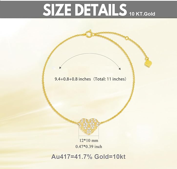SISGEM 10k Gold Created Moissanite Heart Anklets for Women, love Ankle Bracelet Gifts for Her, 9.4-11.0 Inches