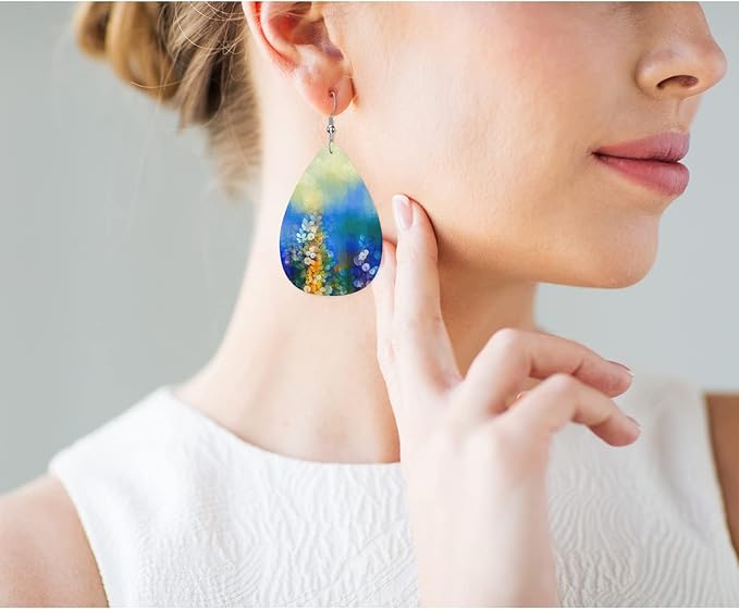 Earrings For Women Ivy Leaves, Abstract Flowers Watercolor Painting Spring Floral Fashion Leather Teardrop Earrings Lightweight Earrings For Women Friends Bridal