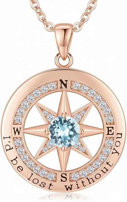 Compass Necklace for Women Wife Girlfriend Mom Daughter Gifts S925 Sterling Silver Jewelry For Anniversary Rose Gold Gifts For Birthday Christmas Mothers Valentines Day 12 Birthstones