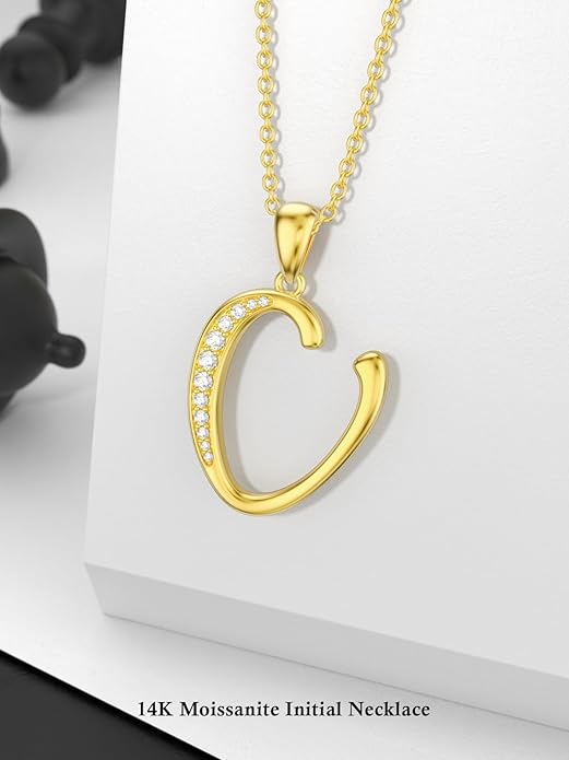 14k Gold Initial Necklace for Women, Solid Gold Moissanite Letter Pendant Necklaces Jewelry for Her Birthday Valentines Day Gifts for Mom Wife Christmas Gifts for Girlfriend Sister