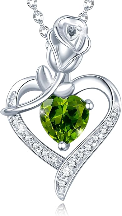 AGVANA Valentines Day Gifts Rosy Reverie Birthstone Necklace for Women Sterling Silver Genuine or Created Gemstone Rose Flower Heart Pendant Necklace Anniversary Birthday Gifts for Women Mom Wife Her