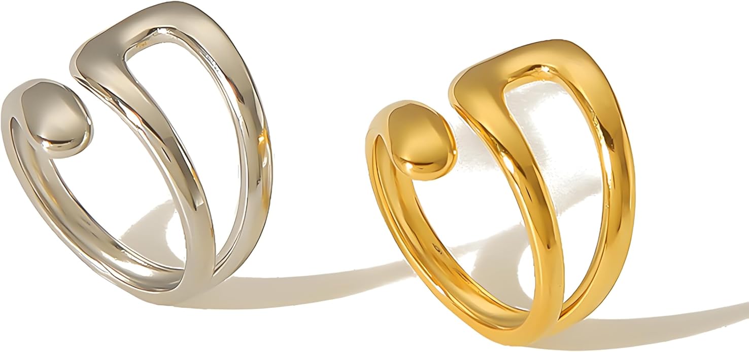 Chunky Rings For Women, Gold Silver Thumb Ring Asymmetrical Wavy Curve Ring Adjustable Non Tarnish Dainty Stainless Steel New Year Anniversary Birthday Jewelry Gift