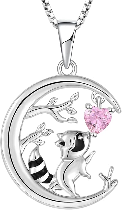 STARCHENIE Raccoon Necklace 925 Sterling Silver Heart Birthstone Pendant Cute Animal Jewelry for Women