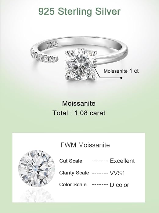 FWM Round Cut Moissanite Simple Open Rings for Women, Adjustable Ring, Solid Sterling Silver With Gold Plated, Stackable Wedding Band, Anniversary Valentines Mothers Day Christmas Gift