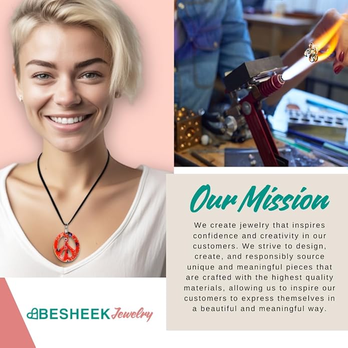 BESHEEK Murano Inspired Peace Sign Blown Glass Lampwork Art Pendant Necklace for Women Handcrafted Artisan Hypoallergenic Italian Style Jewelry