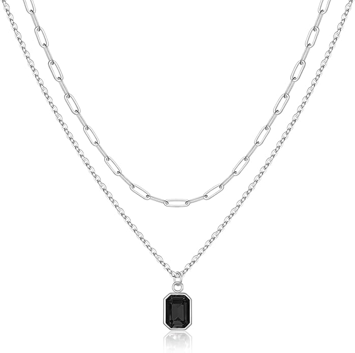 Layered Birthstone Necklace for Women Girls, 14K Gold-Plated Paperclip Chain Choker Necklace with Rectangle Birthstone Pendant Birthday Gifts for Women Girls Dainty Small