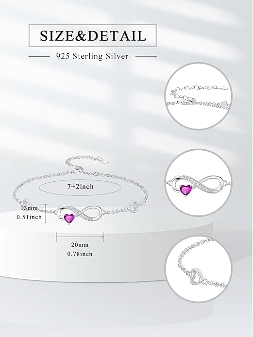 Dorunmo Infinity Heart Anklet Bracelet for Women 925 Sterling Silver Adjustable Infinity Birthstone Bracelet Friendship Jewelry Gifts for Women Birthday Christmas