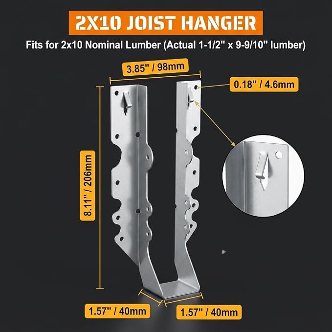 25 Pack 2x10 Joist Hangers, 18 Gauge Galvanized Face Mount | Wood connectors - Image 2
