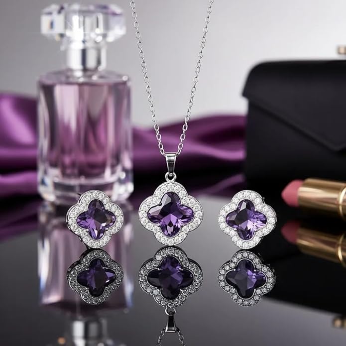 Four Leaf Clover Necklace and Earrings Set for Women, Clover Jewelry Set with Pendant Necklace and Stud Earrings, Brilliant Cubic Zirconia, Polished Metal Setting, Hypoallergenic, & Lightweight