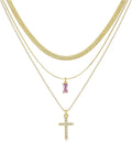 3Pcs Gold Layered Necklaces for Women, 14K Gold Plated Cross Necklace, Dainty Birthstone Necklace for Women, Herringbone Gold Necklaces Set, Stackable Women's Gold Pendant Necklaces Jewelry Set