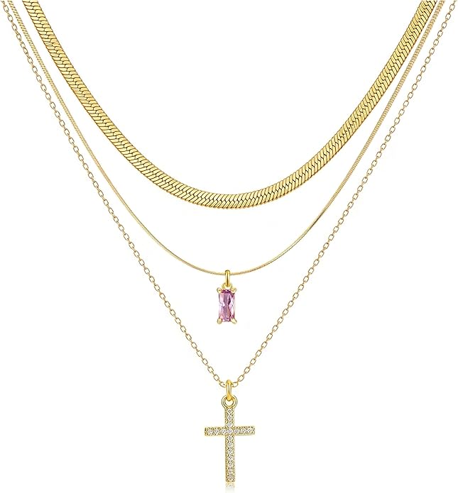 3Pcs Gold Layered Necklaces for Women, 14K Gold Plated Cross Necklace, Dainty Birthstone Necklace for Women, Herringbone Gold Necklaces Set, Stackable Women's Gold Pendant Necklaces Jewelry Set