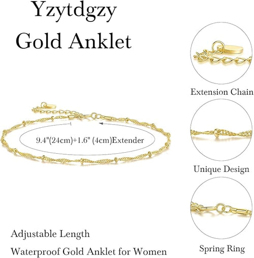14K Gold Anklets for Women Gold Ankle Bracelets for Women Beaded Anklet for Womens Ankle Bracelet Water Wave-Inspired Design with Beads Twisted Anklets for Womens 9.4'' to 11''