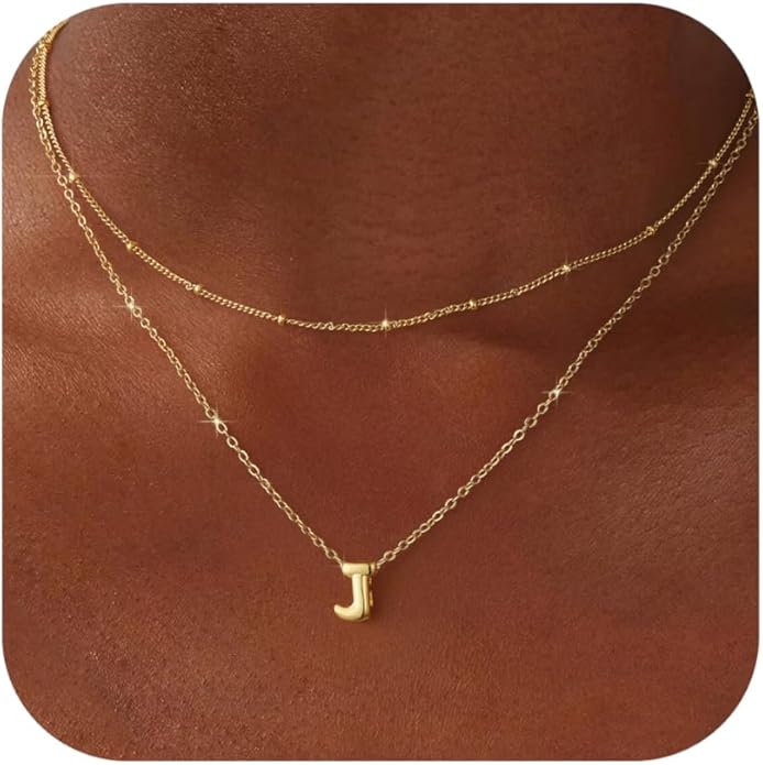 Valentines Day Gifts for Her - Bubble Letter Necklace Layered 14K Gold Plated Initial Necklaces for Women Dainty Cute Choker Pendant Stack Jewelry Fashion Accessories Teen Gift Trendy Stuff